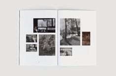 an open book with black and white photos on it's pages, including trees