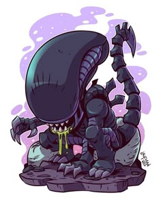 an alien sitting on top of a pile of rocks with its head in the air