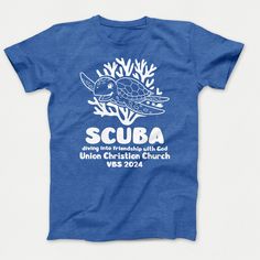 Unleash your inner sea-dwelling adventurer with our Scuba VBS Shirts! Featuring a fun turtle screen print and made of comfortable cotton, these youth t-shirts are perfect for any VBS event. Dive into the fun and make a splash with these quirky and playful shirts! Minimum order of 12 shirts. Mix and match your shirt colors with the same ink color for all shirts. Free shipping for VBS T-shirt orders. Popular T-shirt colors are listed. More shirt color options are available. Just contact us with your request. Looking to have your design printed? Let us know, and we will be happy to give you a quote. How to Order 1. Choose any combination of sizes and colors in Adult or Youth VBS Shirts of the same design, ordering at least 12 T-shirts. Orders without 12 total VBS shirts will be refunded. If y Vbs Shirt, Scuba Vbs, Vacation Bible School, Bible School, School Shirts, How To Make Notes, Ink Color, Mix And Match, Halloween Shirt