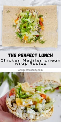 chicken mediterranean wrap recipe with lettuce, tomatoes and cucumber on top