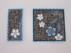 two square pictures with blue and white flowers on them, sitting next to each other