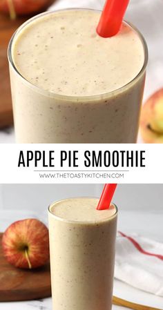 an apple pie smoothie in a tall glass with a red straw