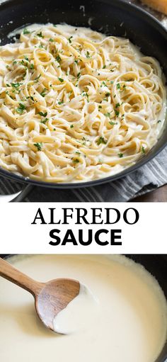 an image of alfredo sauce being cooked in a skillet