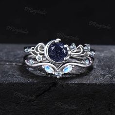 Celestial Galaxy Blue Sandstone Engagement Ring Moon Star Round Blue Goldstone Moonstone Bridal Set Unique Bowknot Ring Promise Women Gifts - Etsy Engagement Rings Blue Sandstone, Moon Gifts For Him, Moon Inspired Engagement Ring, Cosmic Engagement Ring, Galaxy Ring Engagement, Galaxy Wedding Ring, Galaxy Engagement Ring, Blue Goldstone Ring, Engagement Ring Moon