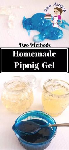 two homemade piping gels are sitting on a table next to some spoons