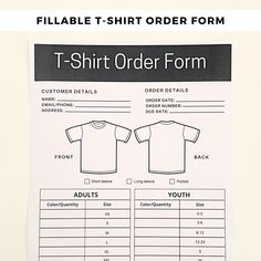 a t - shirt order form is displayed on a white background with the words't - shirt order form '