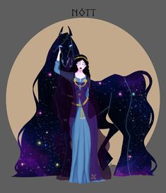 a woman standing next to a horse in front of a moon filled sky with stars