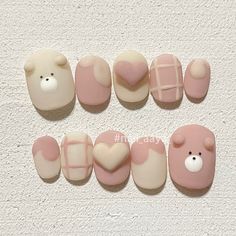 Cute Matte Nails Ideas, Cute Coquette Nails, Bear Nails Designs, Bear Nails, Real Nails, Japan Cute