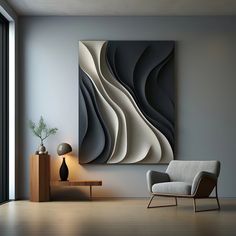 an abstract painting hangs on the wall next to a modern chair and table with a lamp