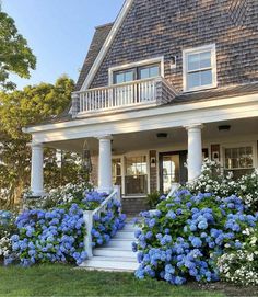 a house with blue flowers in the front yard and steps leading up to it's porch