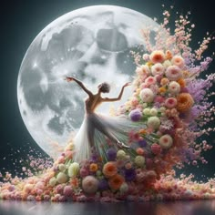 a woman standing in front of a full moon with flowers all over her body and dress