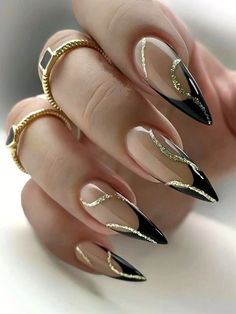 Almond Shape Design Ideas, Black Cream Nails, Back And Gold Nails, Gel X Black French Tip, Black With Gold Lines Nails, Navy And Bronze Nails, Black And Gold French Tip Nails Almond, Black And Gold Glitter Nails Acrylic, Black Gold And Nude Nails