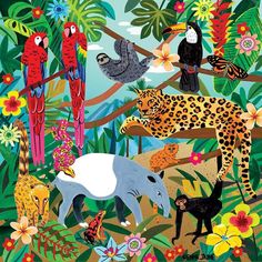 a painting of animals and birds in the jungle