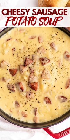 cheese, sausage and potato soup in a bowl with the title overlay above it