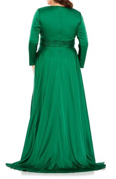 Graceful draping and ruching at the waist add easy elegance to an A-line gown rendered in a vibrant emerald shade. 61" length V-neck Long sleeves Lined 100% polyester Spot clean Imported Asian Owned/Founded Formal Green Maxi Dress With Pleated Back, Full Length Gown With Ruched Bodice, Full Length Ruched Evening Dress, Semi Formal Dresses Long, Long Sleeve Evening Dress, Plus Size Short Dresses, Plus Size Formal Dress, Red Formal Dresses, Junior Formal Dresses