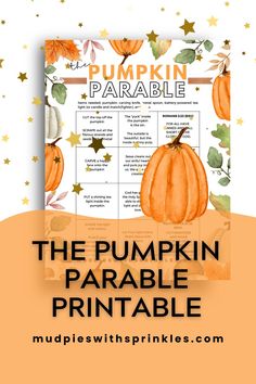 Free pumpkin parable printable example featured on a tablet with an orange decorative stripe in the background with golden stars, black bold text, and a watercolor-painted pumpkin. Pumpkin Carving Bible Lesson, Pumpkin Lesson For Sunday School, The Pumpkin Gospel Object Lesson, Bible Fall Festival Games, Fall Craft For Kids At Church, Pumpkin Unit Study Preschool, Pumpkin Parable Craft, Pumpkin Patch Parable Activities, Pumpkin Devotion For Kids