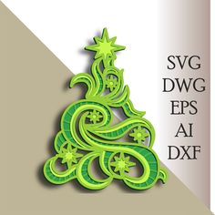 a green christmas tree with stars and swirls in the shape of an ornament