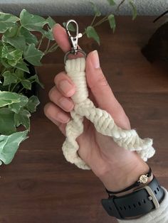 a person is holding a white rope with a metal hook in their left hand and a green plant behind them