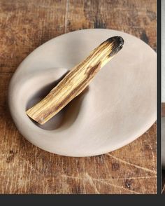 two pictures of a wooden object on a plate