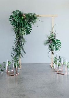 an arrangement of plants and candles are arranged on the floor in front of a white wall