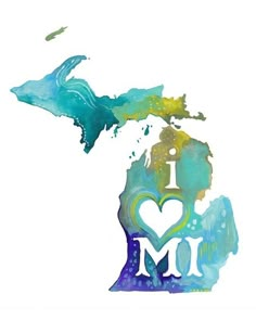 i love michigan watercolor map art print with state shape in blue, green and yellow