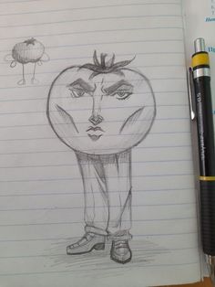 a pencil drawing of a tomato and a person with an apple on their head in the background