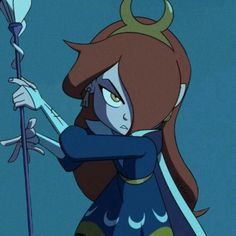 a cartoon character with horns and an evil look on her face, holding a staff