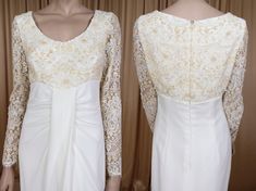 the back of a white wedding dress with gold lace on it, and in front of a mannequin