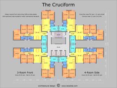 the crucifm floor plan shows three rooms and four bathrooms, each with different floors