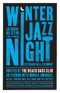 a poster for winter jazz night with blue and black lettering on the front of it