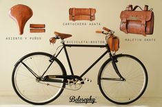 a bicycle is shown with leather bags and other accessories on the wall behind it,