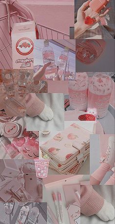 a collage of photos with pink items in them