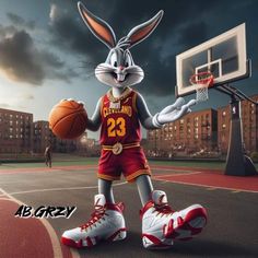 a rabbit is holding a basketball while standing on a court