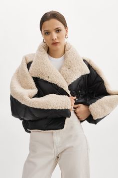 Tackle the cold weather in the Sharon, mixed media down filled puffer jacket. The oversized silhouette offers edge and fashion-forward appeal. This cozy piece is designed with an alluring combination of sherpa and nylon. - Asymmetric snap closure at front - Front waist zipper pockets - Branded hardware - Faux sherpa and nylon mix - Self: 100% Polyester + 100% Nylon - Fill: 90% Duck Down, 10% Feathers - Centerback length from neckline to bottom hem for size S is 22 Oversized Wool Cardigan, Best Puffer Jacket, Ski Style, Leather Outerwear, Down Vest, Oversized Silhouette, Mens Street Style, Puffer Coat