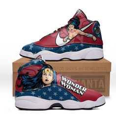 Wonder Woman J13 Sneakers Super Heroes Custom Shoes-Gear Wanta Custom Shoes Men, Santa Cruz Shirt, Jordan 13 Shoes, Batman Vs Superman, Sneaker Games, Jordan 13, Super Heroes, Dinosaur Print, Custom Shoes