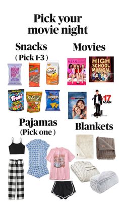 an advertisement for movie night snacks, pajamas and blankets