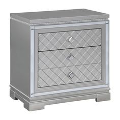 Axl 29 Inch 2 Drawer Nightstand, USB Ports, Embossed, Mirror Trim, Silver By Casagear Home Glamorous Bedroom Decor, Tufted Bedroom Set, Glam Nightstand, Silver Nightstand, Tufted Bedroom, Glamourous Bedroom, Mirror Trim, Wooden Nightstand, King Bedroom Sets