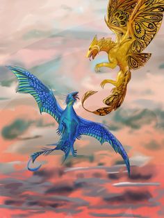 two golden and blue birds flying in the sky