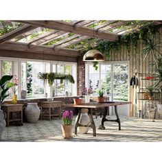 a room filled with lots of plants and potted plants on top of wooden tables