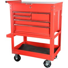 a red tool cabinet on wheels with two drawers and one drawer open to the side