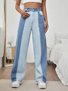 Refashion Jeans, Jeans Refashion, Diy Pants, Colorblock Pants, Unique Jeans, Recruitment Outfits, Patterned Jeans, Trendy Fashion Tops, Jeans Diy