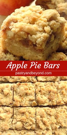 apple pie bars stacked on top of each other with apples in the background and text overlay