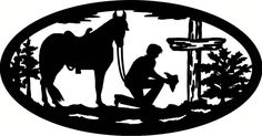 the silhouette of a man kneeling down next to a horse in front of a sign