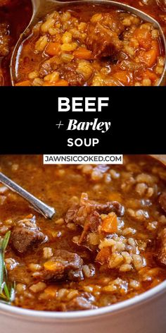 beef and barley soup in a white bowl with spoons on the side text overlay reads beef and barley soup