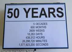 there is a sign that says 50 years on the front and back of it,