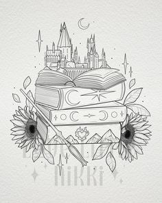 a drawing of an open book with flowers around it and a castle in the background