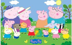 peppa pig family standing in the grass with other peppo pigs and their babies