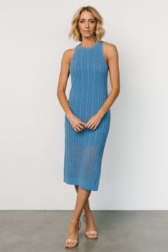 Gorgeous dress to dress up or down Open cable knit Bold blue color Round neckline Sleeveless Fits close to body Sheath style with slit at left seam Lined to knee Self: 83% Acrylic, 17% Polyester Trina is 5'6, cup size 32D, size 2 and is wearing size S Knit Tank Dress, Knit Tank, Cup Size, New Wardrobe, Knit Tanks, Knitting Designs, Dress Blue, Tank Dress, Gorgeous Dresses