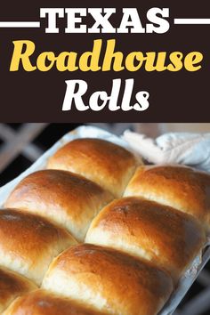 a close up of bread rolls on a rack with the words texas roadhouse rolls