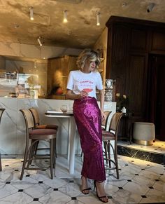 Y2k Long Skirt, Pink Sequin Skirt, Sequin Skirt Long, Rok Outfit, Sequined Skirt, Maxi Skirts Summer, Long Skirt Fashion, Rose Skirt